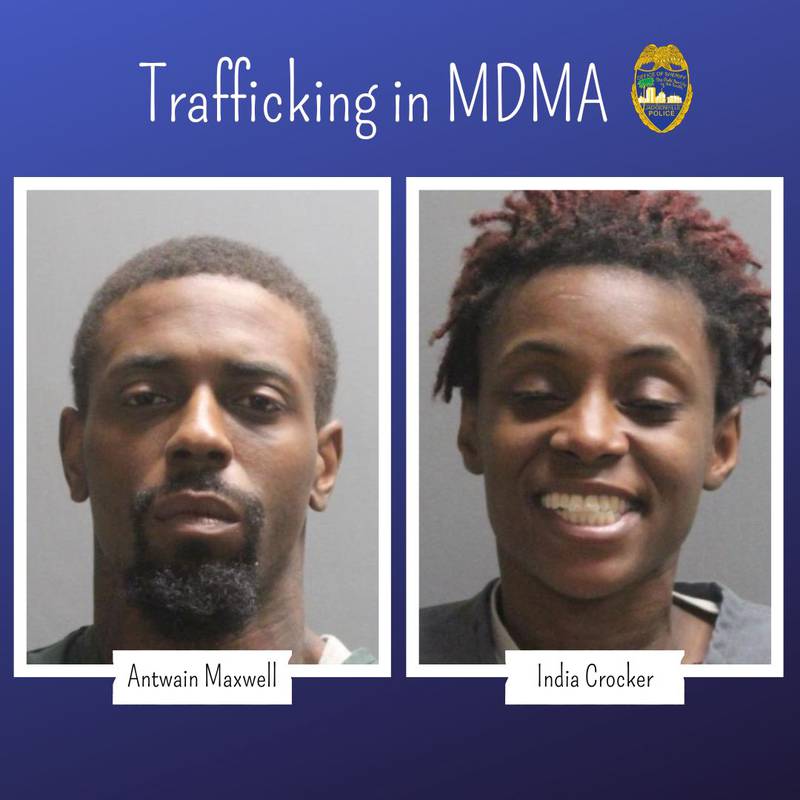 Antwain Maxwell, 31 and India Crocker, 28 were arrested; charges include Trafficking in MDMA, Possession of a Firearm by a Convicted Felon, Possession of Paraphernalia, and Possession not More Than 20 Grams of Marijuana.