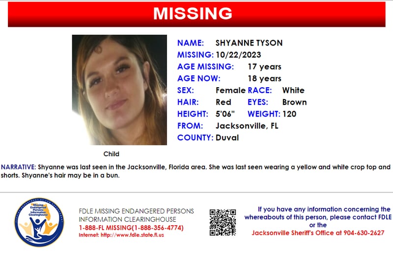 Shyanne Tyson was reported missing from Jacksonville on Oct. 22, 2023.