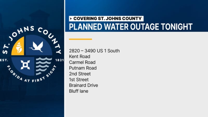 Over 100 St. Johns County customers won't have water until Wednesday morning and boil water notice has been issued.