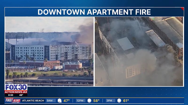 Jacksonville Fire and Rescue Department firefighters have been fighting a fire at the still-under-construction Rise Doro apartments in Downtown Jacksonville since Sunday night.