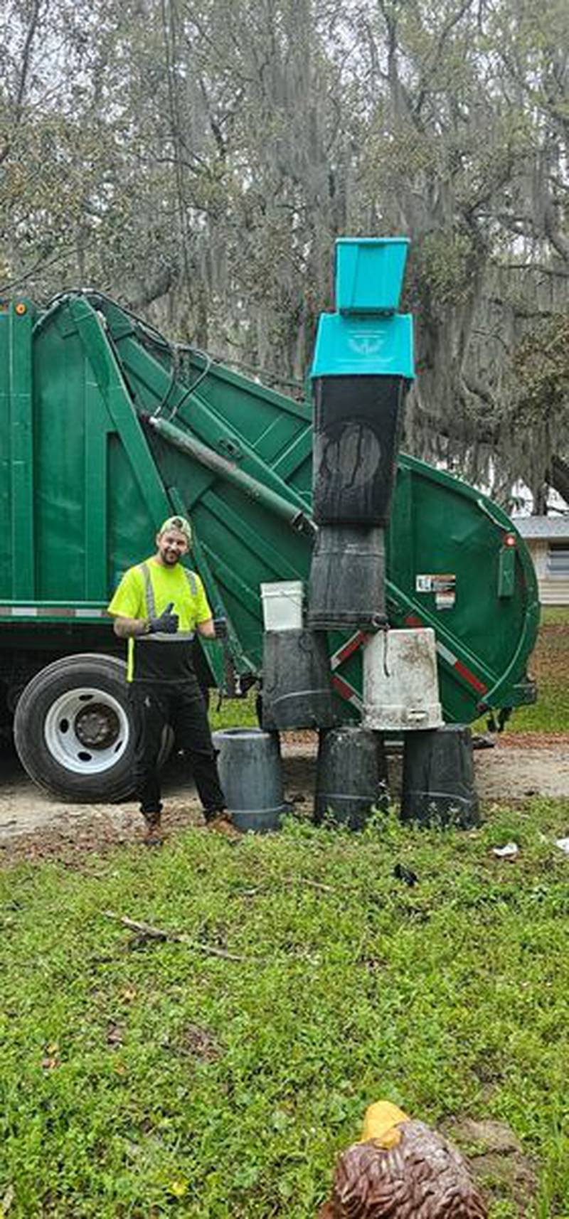 Sams has been playing what she calls “trash can Jenga” with her garbage collectors since the start of March, after coming home one day to find her trash cans stacked into a tower.