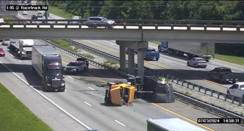 Traffic backups are expected as law enforcement is responding to an overturned dump truck on I95 and Racetrack Road heading northbound.