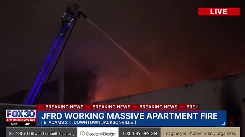 Jacksonville Fire and Rescue Department firefighters have been fighting a fire at the still-under-construction Rise Doro apartments in Downtown Jacksonville since Sunday night.