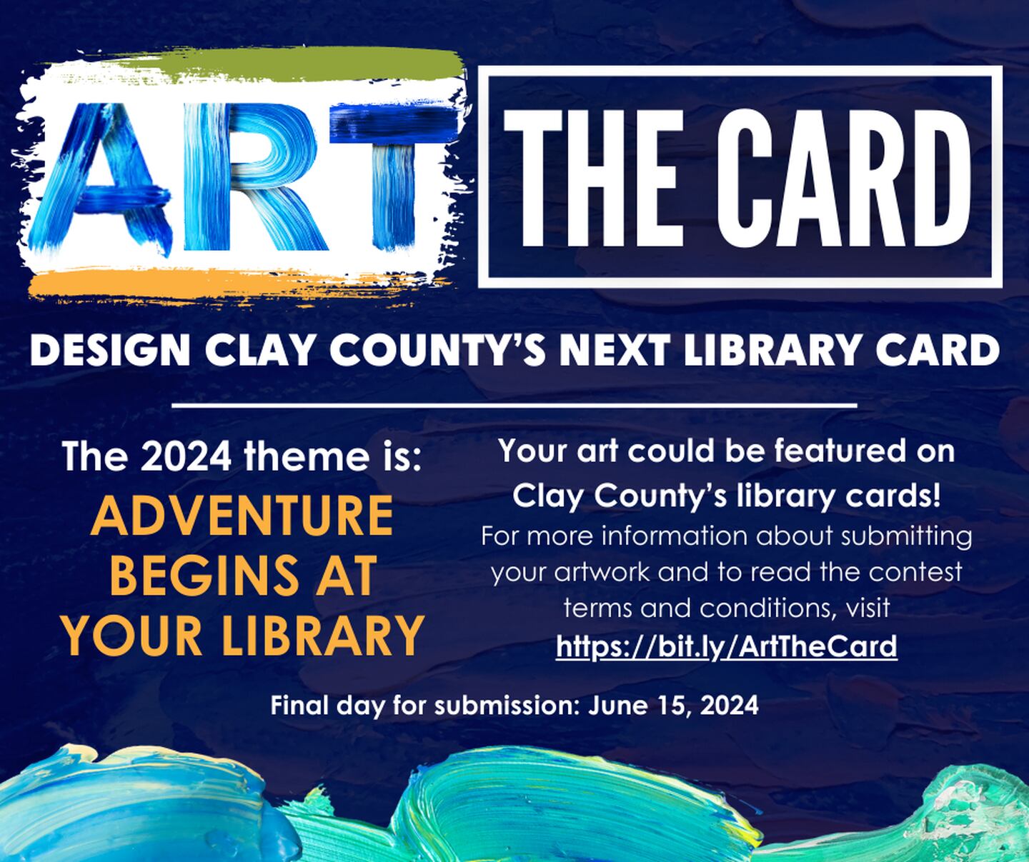 Between the dates of May 15, 2024 and June 15, 2024, the Clay County Public Library System will hold an art contest seeking artwork for special, limited-edition library cards for Library Card Sign-Up Month in September 2024.