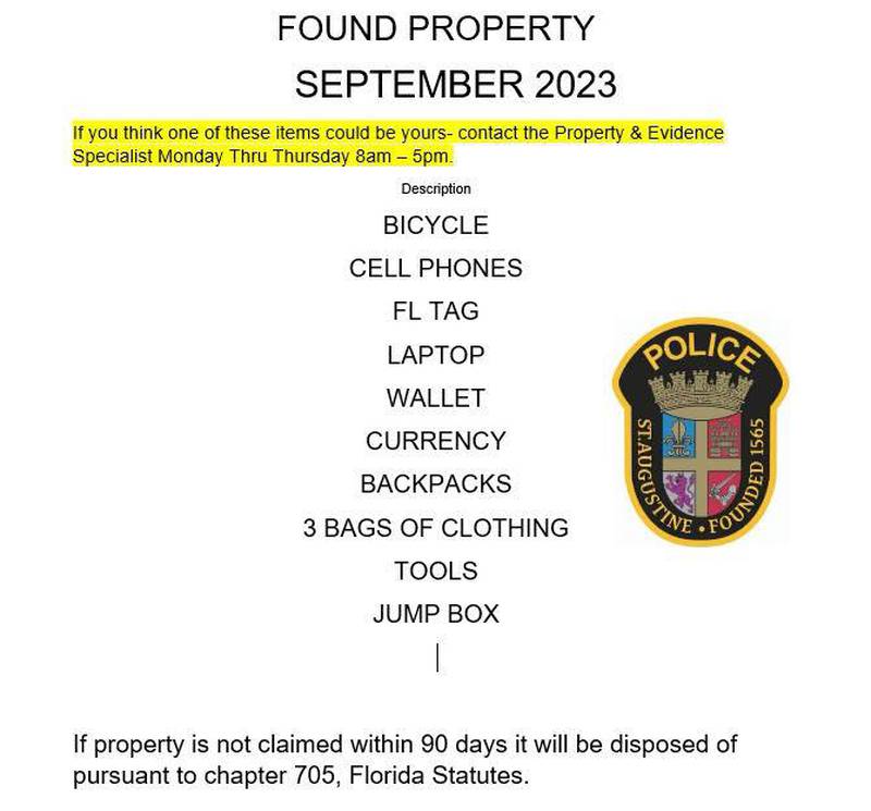 St. Augustine found property list for September 2023.