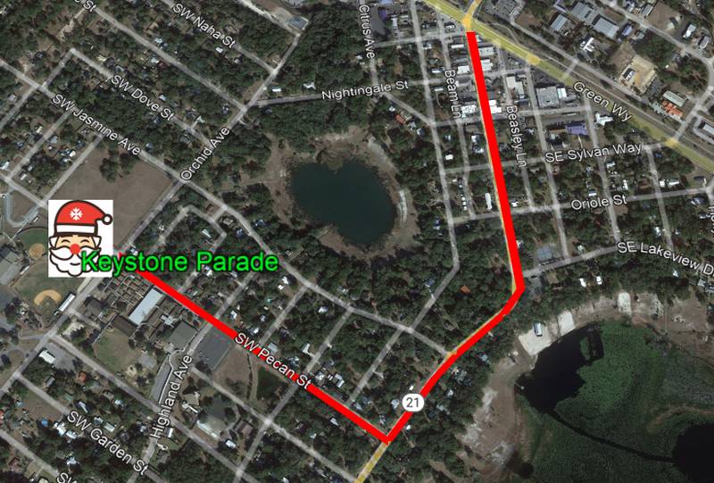 Route of the Keystone Christmas Parade on Dec. 9 at 6 p.m.