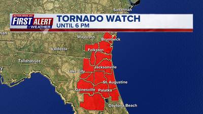 First Alert Weather Day: Tornado watch in effect for parts of NE Florida, SE Georgia until 6 p.m.