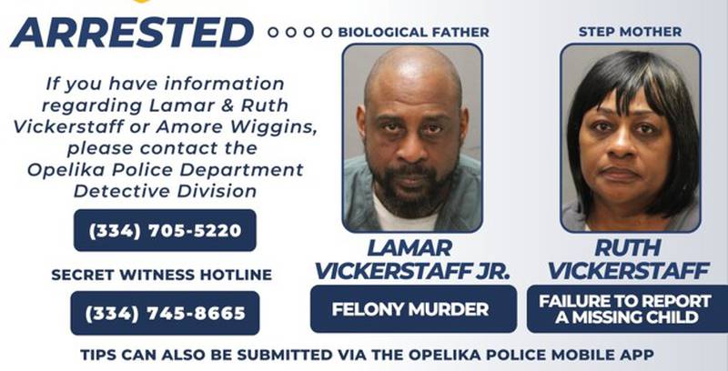 Lamar Vickerstaff, who is Amore Wiggins' biological father, is being charged with felony murder. Ruth Vickerstaff, who is Amore’s step-mother, is charged with failure to report a missing child. They were arrested in Jacksonville on Jan. 17, 2023.