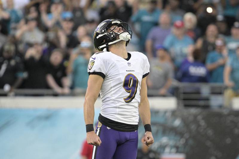 Baltimore Ravens place kicker Justin Tucker (9) reacts after missing a field goal resulting in the Jacksonville Jaguars to win during the second half of an NFL football game, Sunday, Nov. 27, 2022, in Jacksonville, Fla.