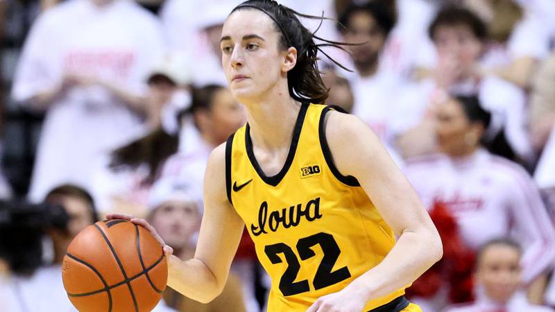 BLOOMINGTON, INDIANA - FEBRUARY 22: Caitlin Clark #22 of the Iowa Hawkeyes dribbles the ball in the first half against the Indiana Hoosiers at Simon Skjodt Assembly Hall on February 22, 2024 in Bloomington, Indiana. (Photo by Andy Lyons/Getty Images)