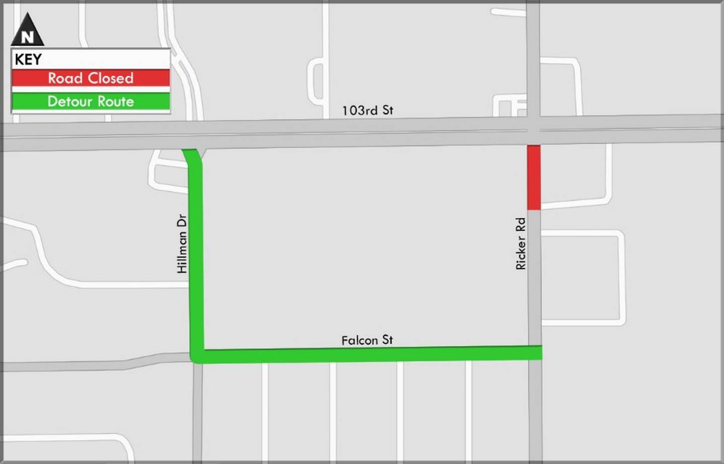 Northbound Ricker Road traffic detour via Falcon Street and Hillman Drive.