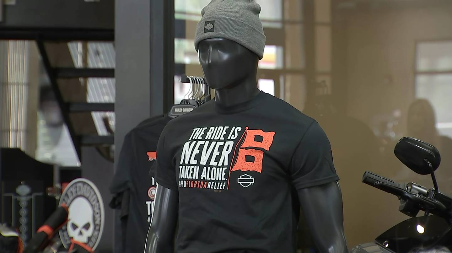 Florida First Lady Casey DeSantis highlighted creative fundraising efforts by local businesses such as Adamec Harley-Davidson, which has designed a special T-shirt that is free with a $10 donation and 100% of those proceeds will go to the Florida Disaster Fund.