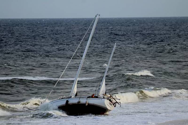 A sailboat got stuck on shore on Jacksonville Beach near 15th Avenue North near the Hampton Inn Jacksonville Beach/Oceanfront in the area of 1st Street North on Monday evening, 10/23/23.