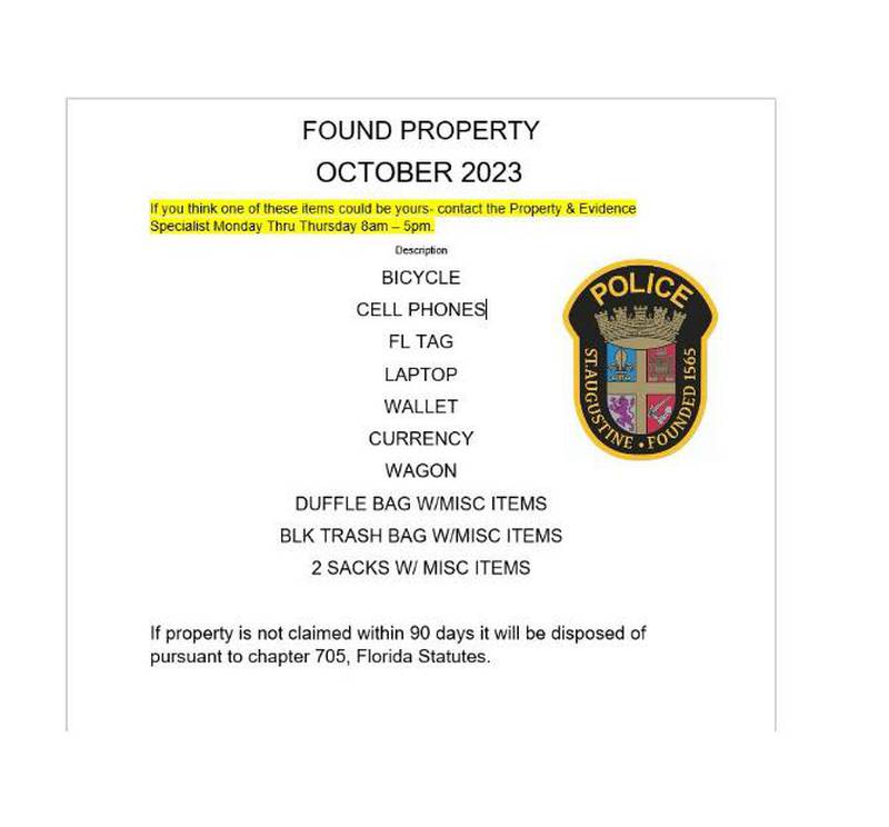 St. Augustine found property list for October 2023.