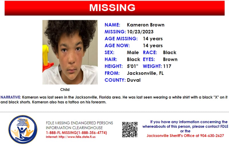 Kameron Brown was reported missing from Jacksonville on Oct. 23, 2023.