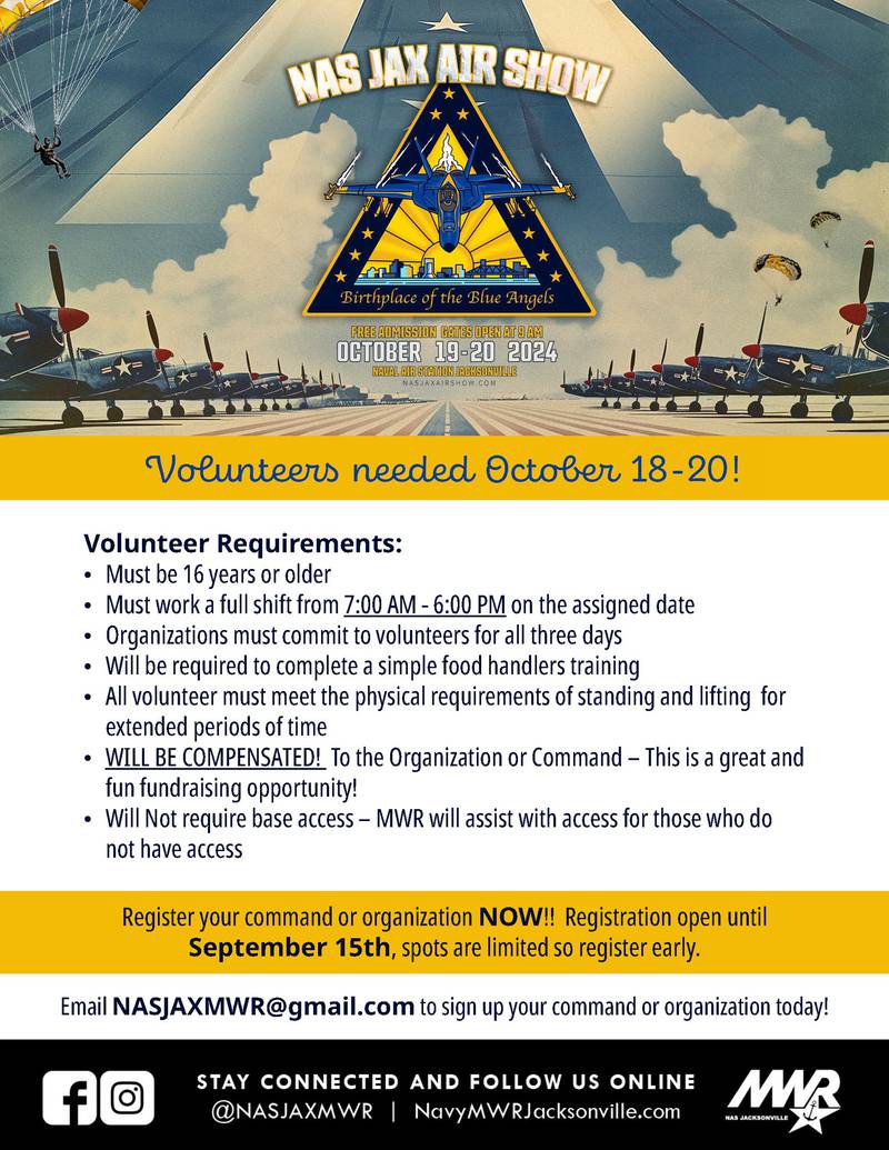 The NAS JAX Air Show in October needs organizations or command to register volunteers.