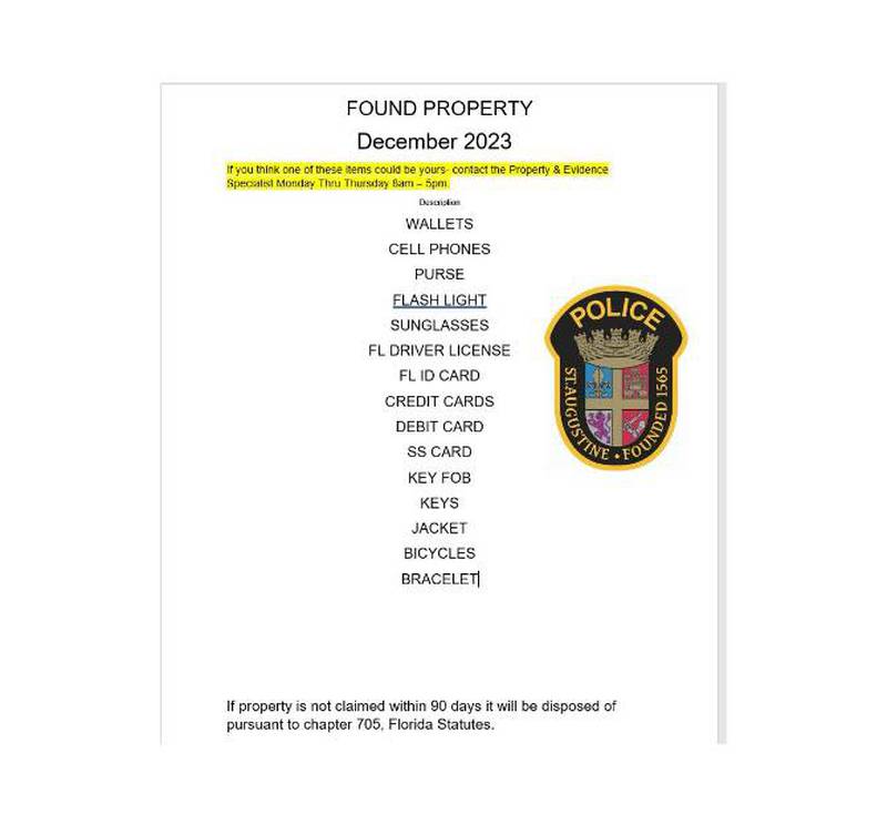 St. Augustine found property list for November 2023.