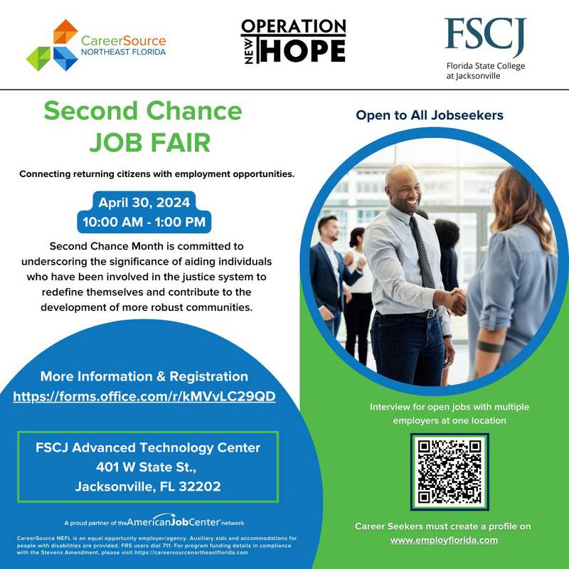 CareerSource NEFL, FSCJ and Operation New Hope host ‘Second Chance’ hiring event April 30.