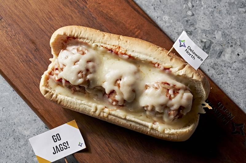 Meatball Sub: Meatballs topped with marinara and mozzarella cheese on a hoagie roll. Available at Duuuval Coastal Kitchen at Section 125 and Duuuval Coastal Kitchen Express at Section 149.