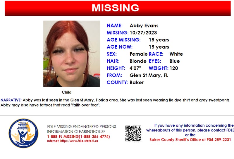 Abby Evans was reported missing from Glen St. Mary on Oct. 27, 2023.
