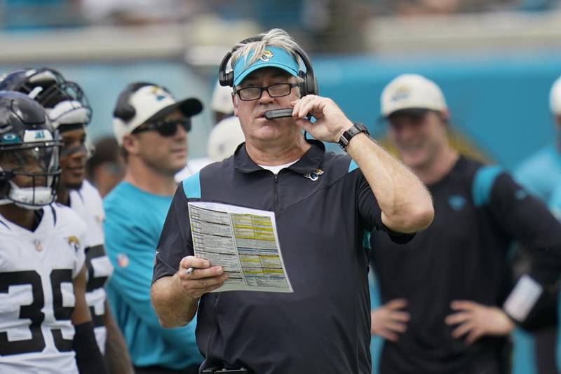 Jacksonville Jaguars head coach Doug Pederson on the sideline during the first half of an NFL football game against the Indianapolis Colts , Sunday, Sept. 18, 2022, in Jacksonville, Fla.