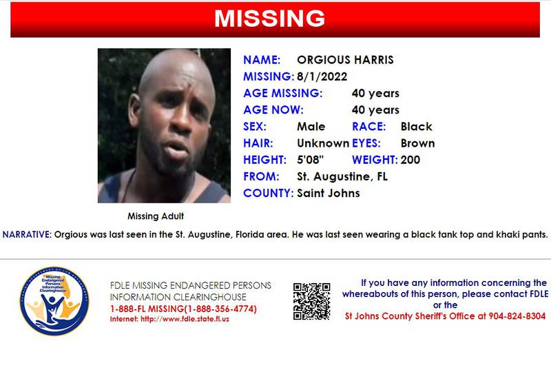 Orgious Harris was reported missing from St. Augustine on Aug. 1, 2022.