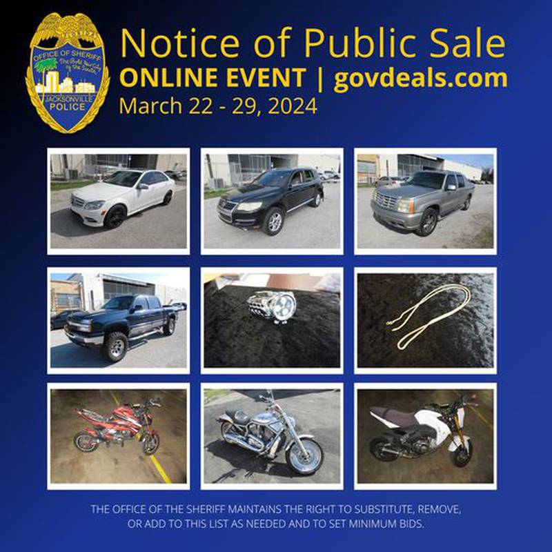 Auction of forfeited property held by the Jacksonville Sheriff's Office from Mar. 22 to Mar. 29.