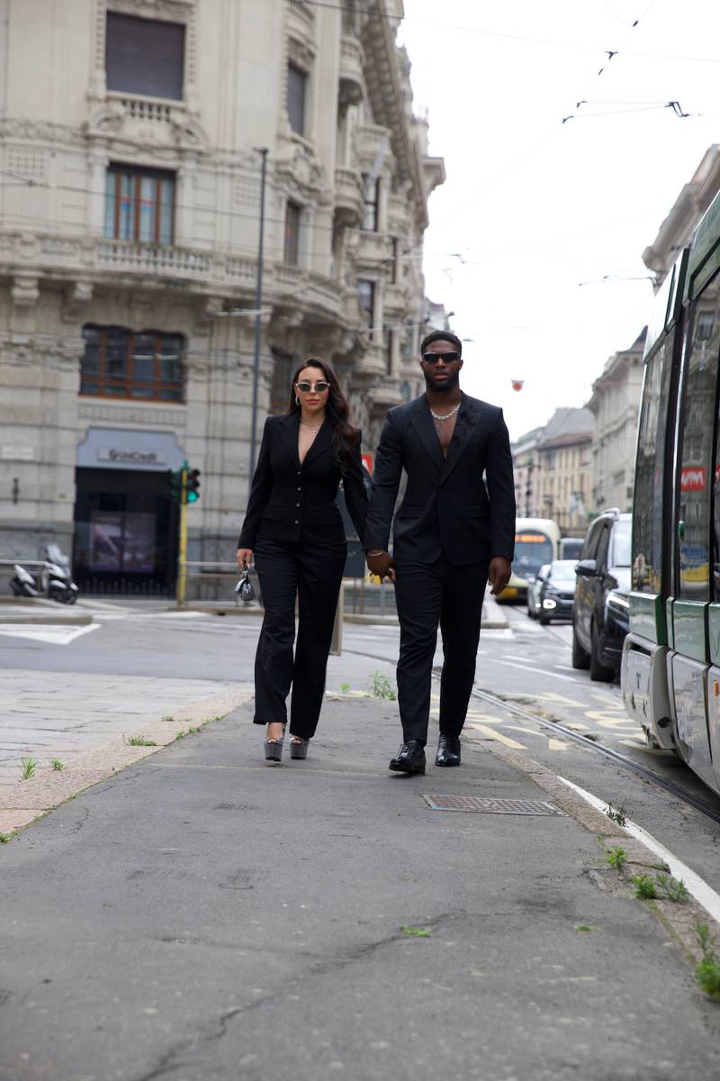 Jacksonville Jaguars’ linebacker Josh Allen and his wife, Kaitlyn, were invited to attend the Men’s Milan Fashion Week in Milan, Italy. Josh's clothing and accessories are Dolce & Gabbana, shoes are ZEGNA. Kaitlin's clothing and shoes Dolce & Gabbana, sunglasses are Loewe.