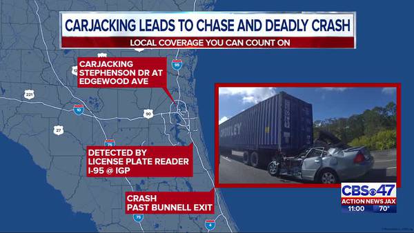 FHP: Carjacking suspect leads police on multi-county chase on I-95, dies after crashing into semi