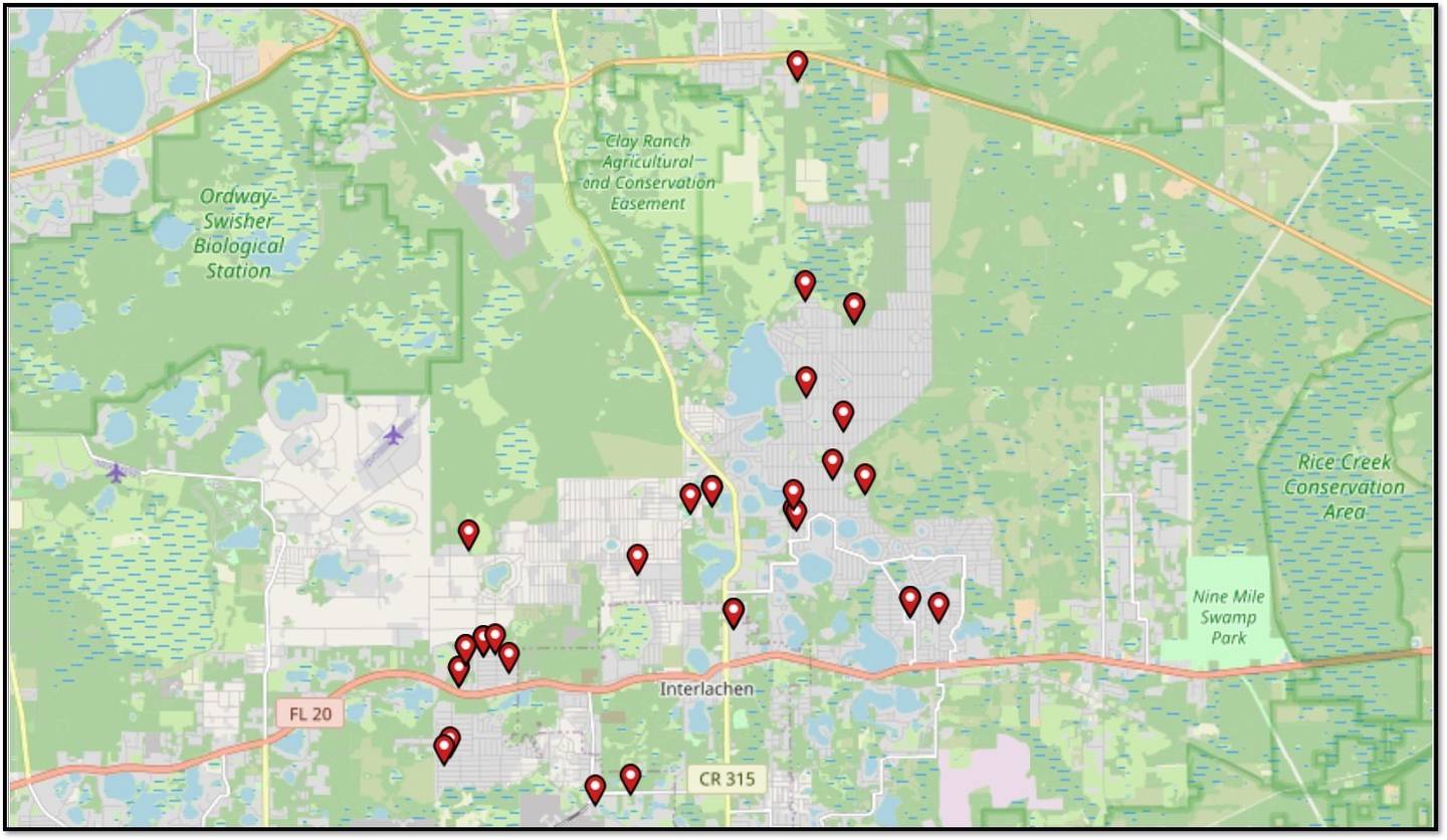 Locations of dog attacks in Putnam County