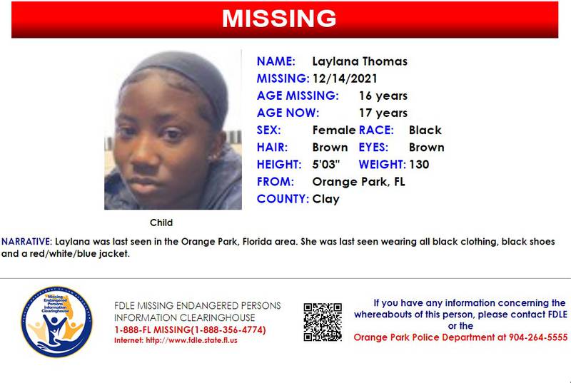 Laylana Thomas was reported missing from Orange Park on Dec. 14, 2021.
