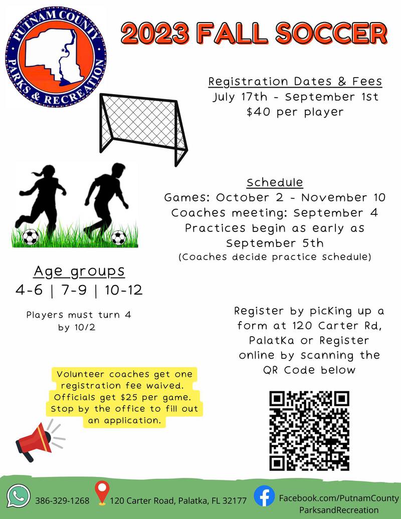 Putnam County fall soccer registration is now open.