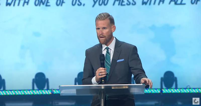 Pastor Robert Bass speaks at Tristyn Bailey's memorial service at Celebration Church in Jacksonville on May 18, 2021.