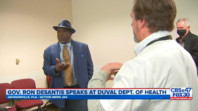 Community activist Ben Frazier was told by a spokesperson with Gov. Ron DeSantis' office that Tuesday's news conference at the Duval Dept. of Health was a "private press conference" only for members of the media, so they're asking anyone not credentialed to leave the room, adding that they'll take up their concerns out of the room.