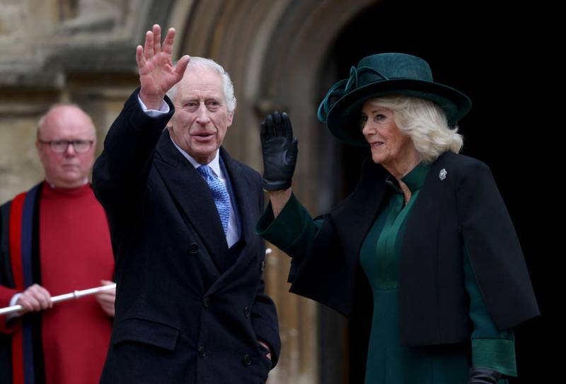 WINDSOR, ENGLAND - MARCH 31: King Charles III and Queen Camilla arrive to attend the Easter Mattins Service at Windsor Castle on March 31, 2024 in Windsor, England. (Photo by Hollie Adams - WPA Pool/Getty Images)