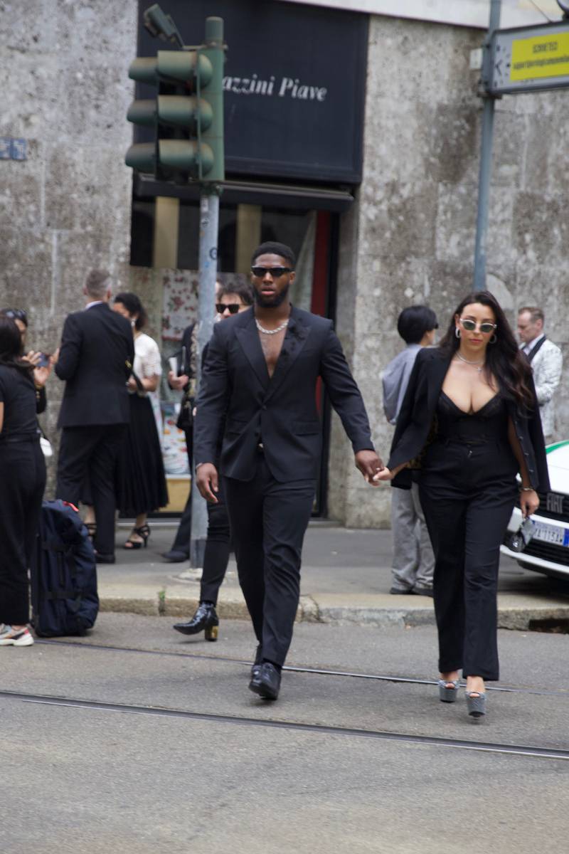 Jacksonville Jaguars’ linebacker Josh Allen and his wife, Kaitlyn, were invited to attend the Men’s Milan Fashion Week in Milan, Italy. Josh's clothing and accessories are Dolce & Gabbana, shoes are ZEGNA. Kaitlin's clothing and shoes Dolce & Gabbana, sunglasses are Loewe.