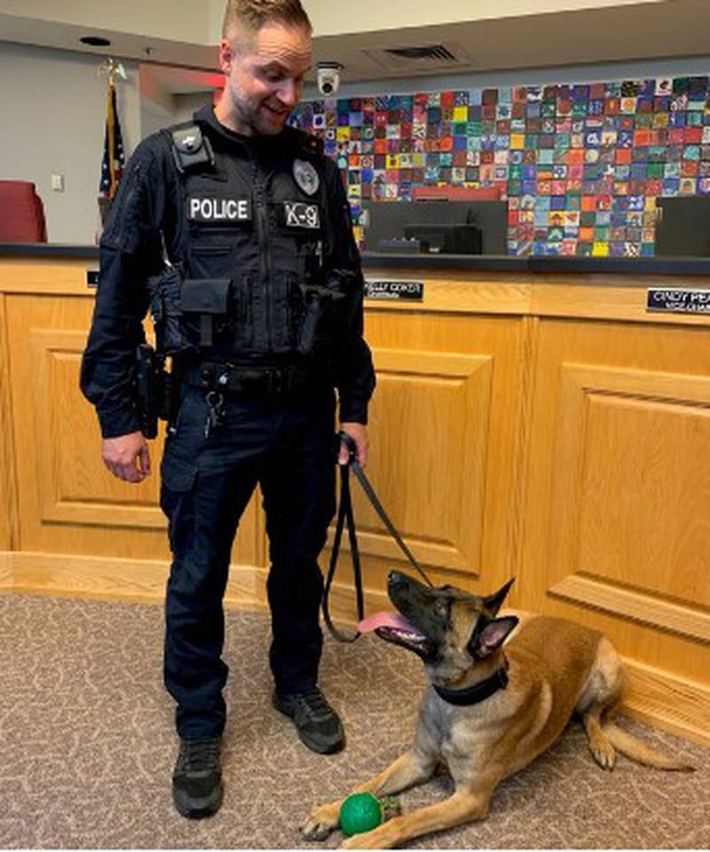 Duval County School K9 Officer Maverick celebrates being officially sworn in during a special ceremony on May 31.