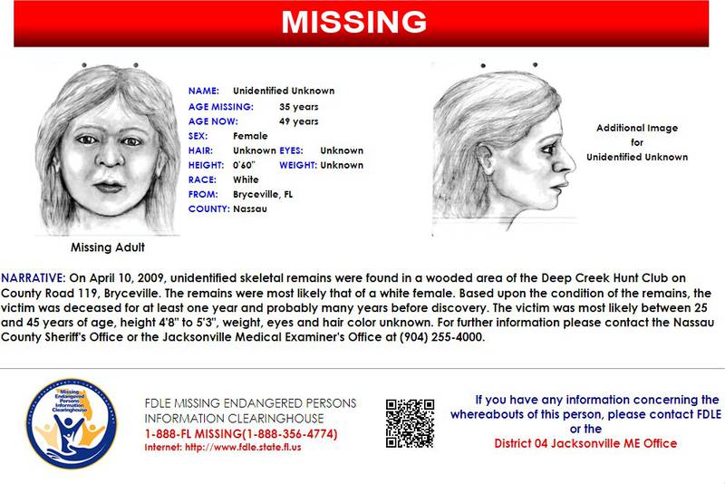 On April 10, 2009, the skeletal remains of an unidentified woman were found in Bryceville.