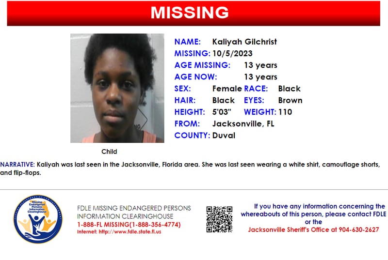 Kaliyah Gilchrist was reported missing from Jacksonville on Oct. 5, 2023.