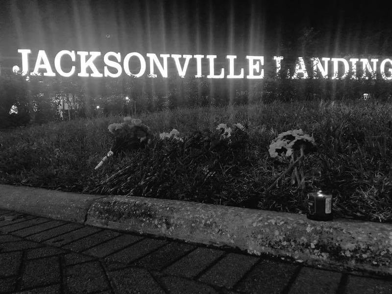 Memorial at the Jacksonville Landing after a mass shooting on Aug. 26, 2018.