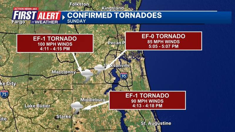 An EF-1 tornado was confirmed to have touched down in Clay County on Sunday.