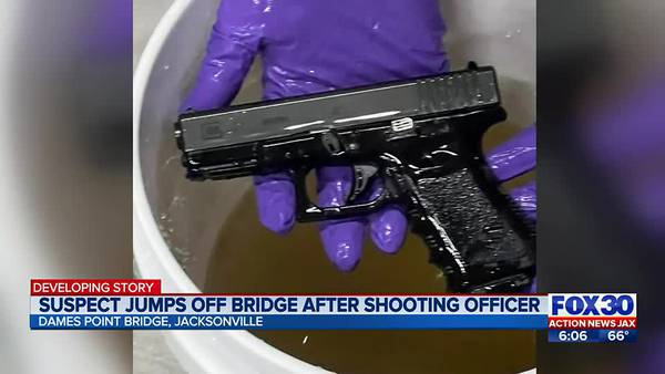 Suspect jumps off bridge after shooting officer