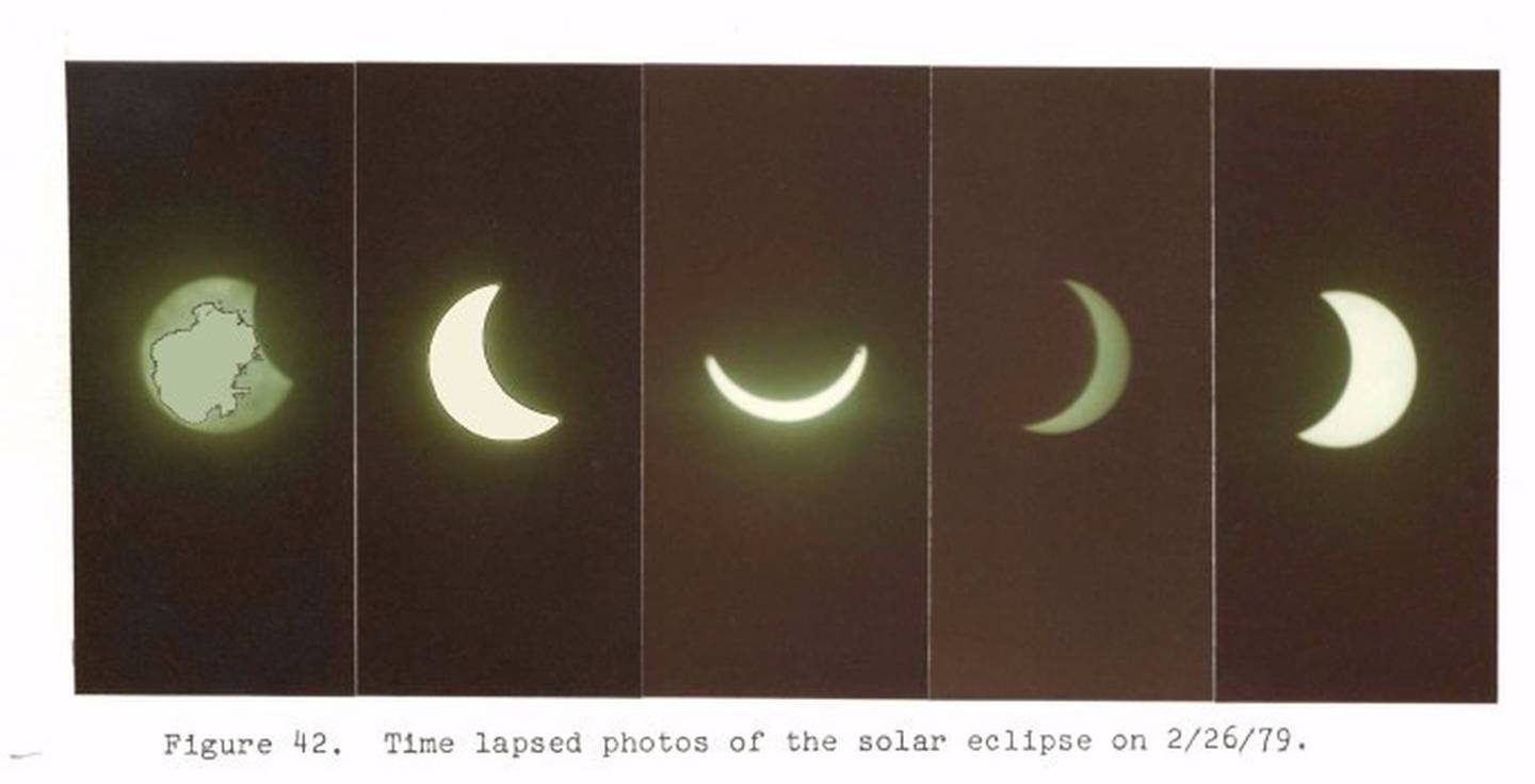 Time lapsed photographs of the February 26 total solar eclipse from the Lacreek National Wildlife Refuge annual report, 1979.