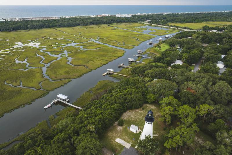 The wetlands of Amelia Island with the Atlantic Ocean in the background.