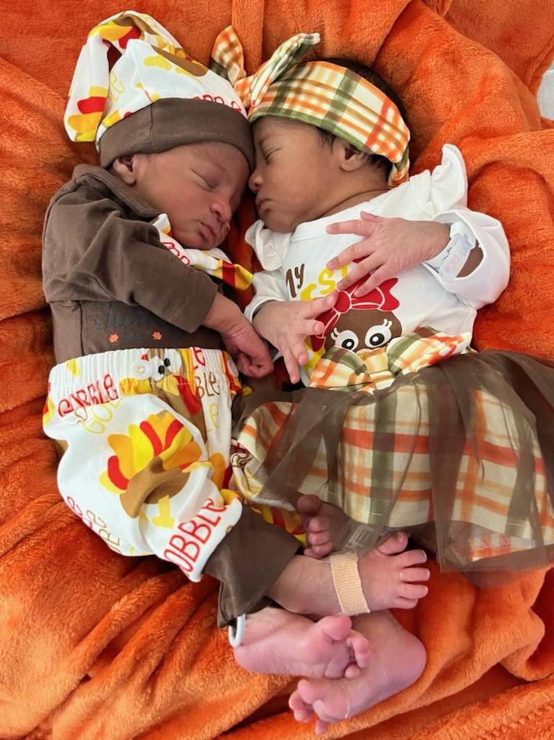 Fraternal twins Amir (boy) and Araya (girl) show their parents that they’re already ready to complement each other in their matching but uniquely different Thanksgiving outfits.