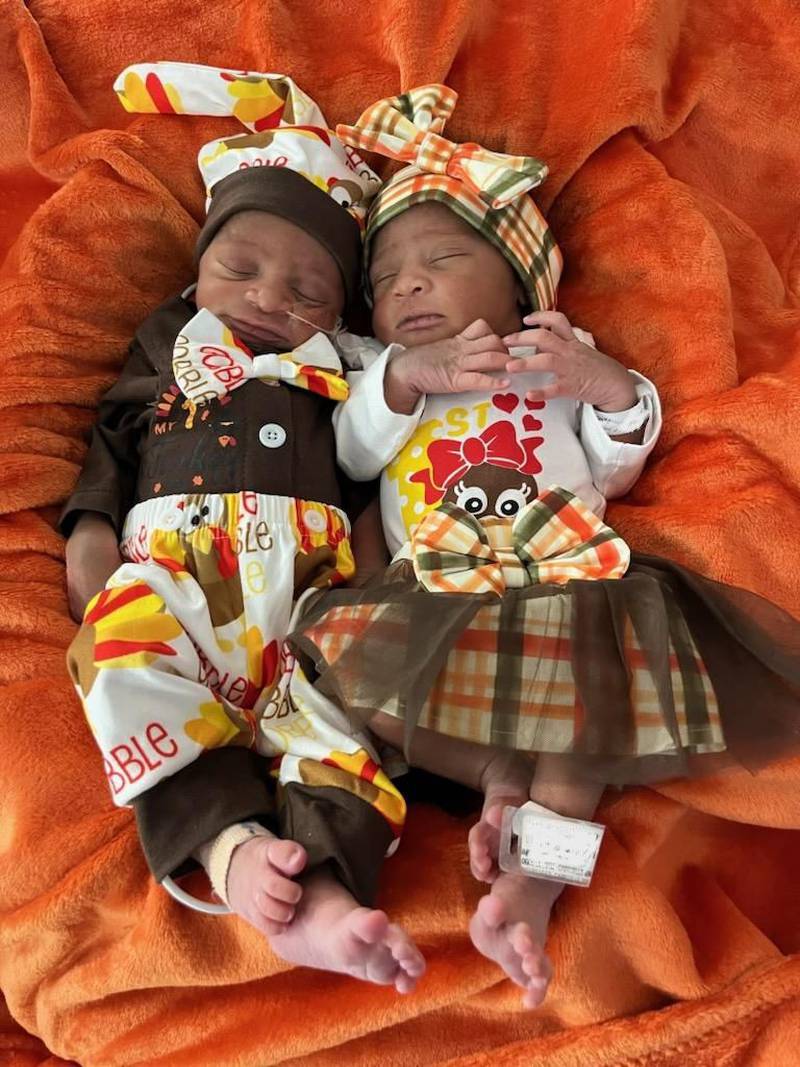 Fraternal twins Amir (boy) and Araya (girl) show their parents that they’re already ready to complement each other in their matching but uniquely different Thanksgiving outfits.