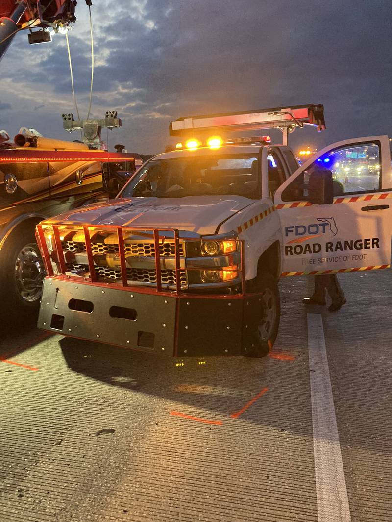 According to the FHP report, at approximately 3:27 a.m., a collision occurred between Chevrolet FDOT Road Ranger pickup truck and a Toyota pickup truck.