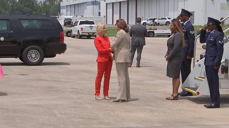 Vice President Kamala Harris arrives at the JAX airport on July 21, 2023.