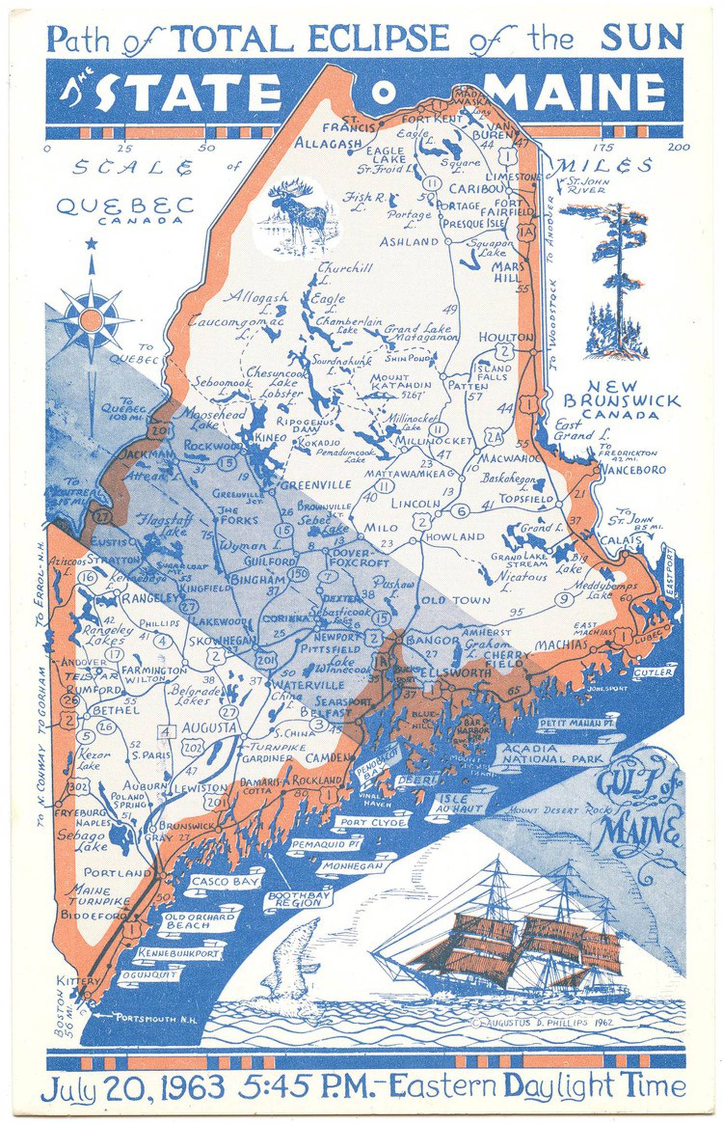 Historic map of Maine’s last total solar eclipse pathway that happened in 1963 and passed over Dover-Foxcroft and Bangor.