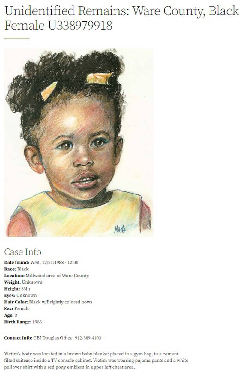 The body of Baby Jane Doe was found in the Millwood area of Ware County on Dec. 21, 1988.